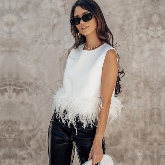 Damen Elegantes Top mit Federn und Rundhalsausschnitt EB