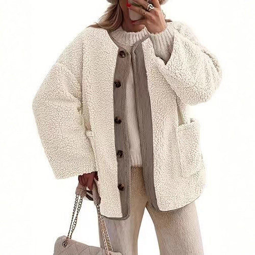 Damen Kuschelige Teddyjacke mit Knopfverschluss und weiter Schnitt EB