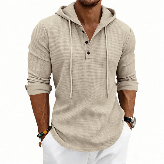 Herren Waffelstrick-Henley-Hoodie mit Knopfleiste und Kapuze EB