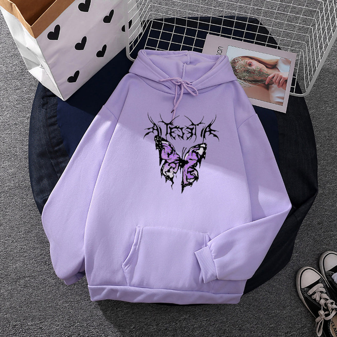 Damen nan leichter Oversize Kapuzenpullover mit Herz‑EKG‑Motiv, langen Kordeln und elastischem Bund EB