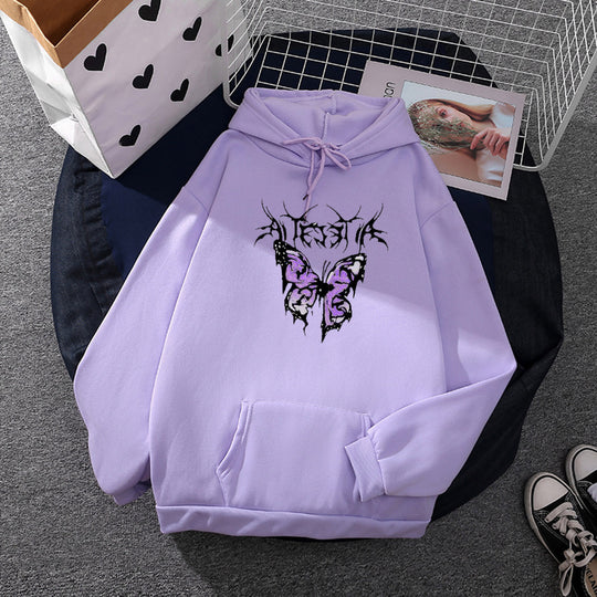 Damen nan leichter Oversize Kapuzenpullover mit Herz‑EKG‑Motiv, langen Kordeln und elastischem Bund EB