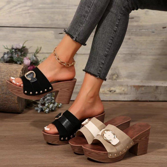 Damen Plattform-Sandalen mit modischem Schnallen-Design und Holzoptik EB