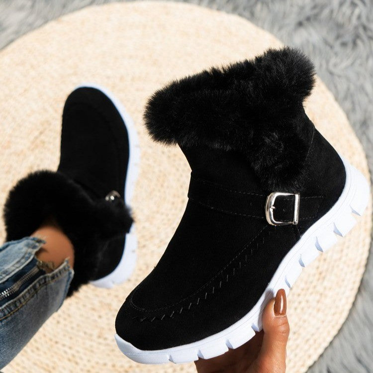 Damen nan gefütterte Kurzstiefel mit Kunstfellbesatz, Velourslederoptik, seitlichem Reißverschluss, dekorativer Metallschnalle und profilierter Lightweight-Sohle EB