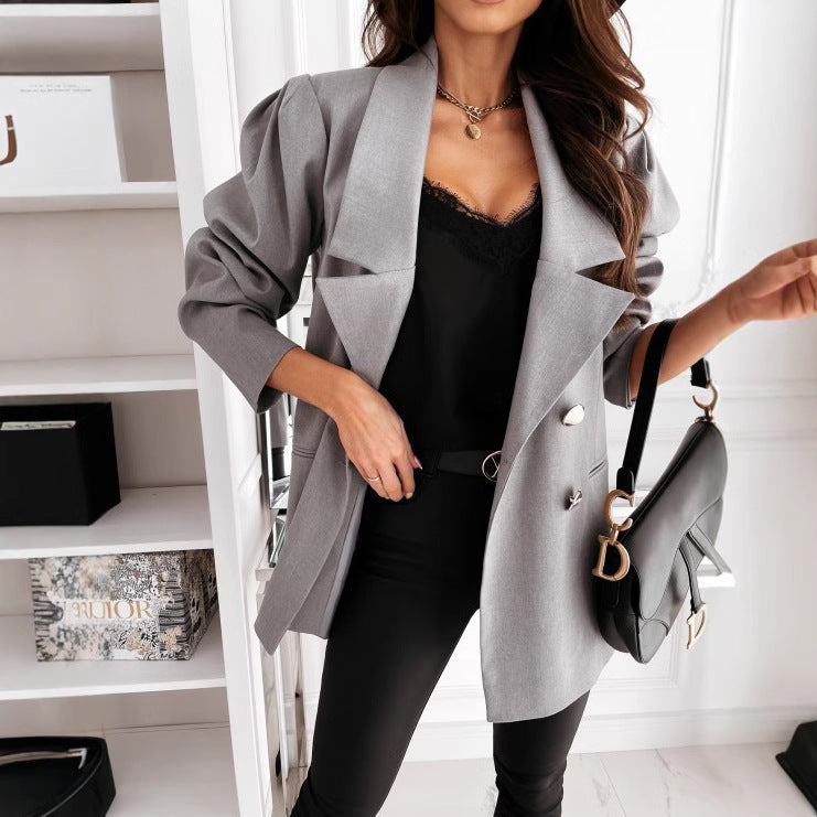 Damen eleganter Oversize-Blazer mit Taschen und Knopfdetails EB