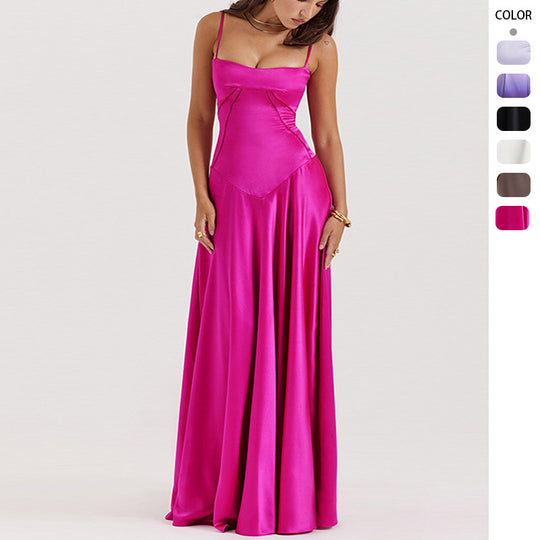 Damen Elegantes Maxikleid mit schmalen Spaghettiträgern und fließendem Satinfall EB