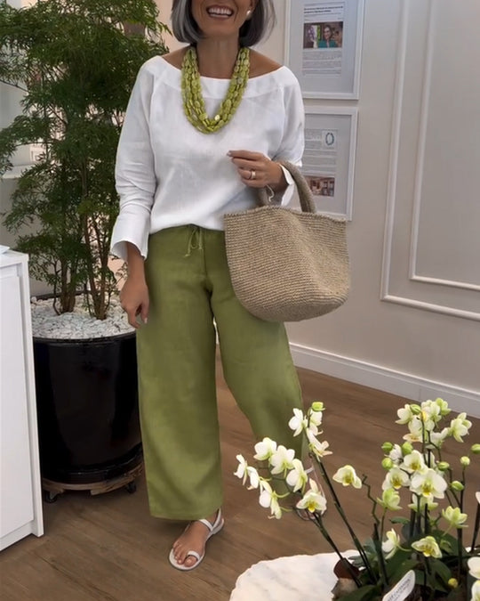 Damen Leichte Leinenhose mit elastischem Bund und weiteren Beinen Heidi-Mode