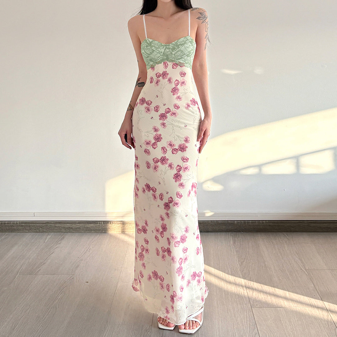 Damen Maxikleid mit floralem Spitzenoberteil und zarten Spaghettiträgern EB