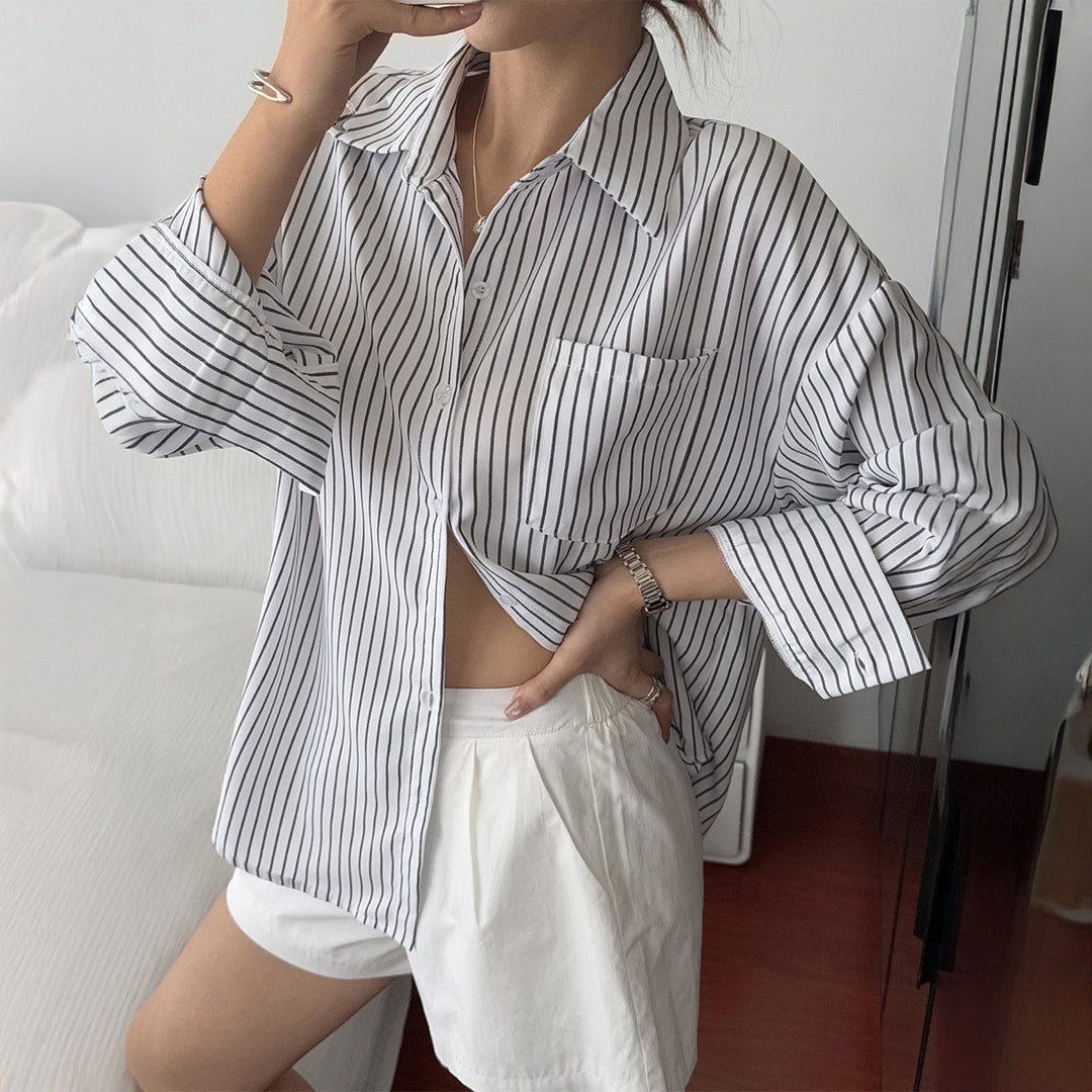 Damen nan oversized Hemdbluse mit kastigem Schnitt, Brusttasche und abgerundetem Saum EB