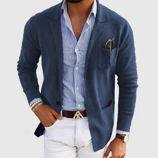 Herren lässiger Strickblazer im Sakko-Stil mit Brusttasche und aufgesetzten Taschen EB