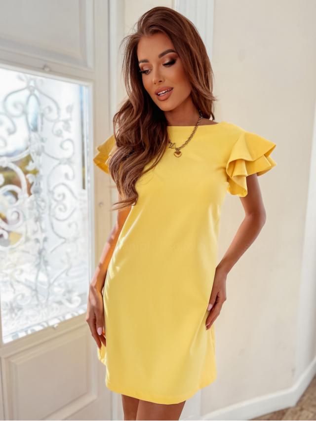 Damen Kurzarm Kleid mit Rüschenärmeln und Geradem Schnitt EB
