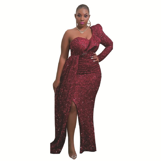 Damen Elegantes schulterfreies Maxikleid mit glitzernden Akzenten und asymmetrischem Design EB