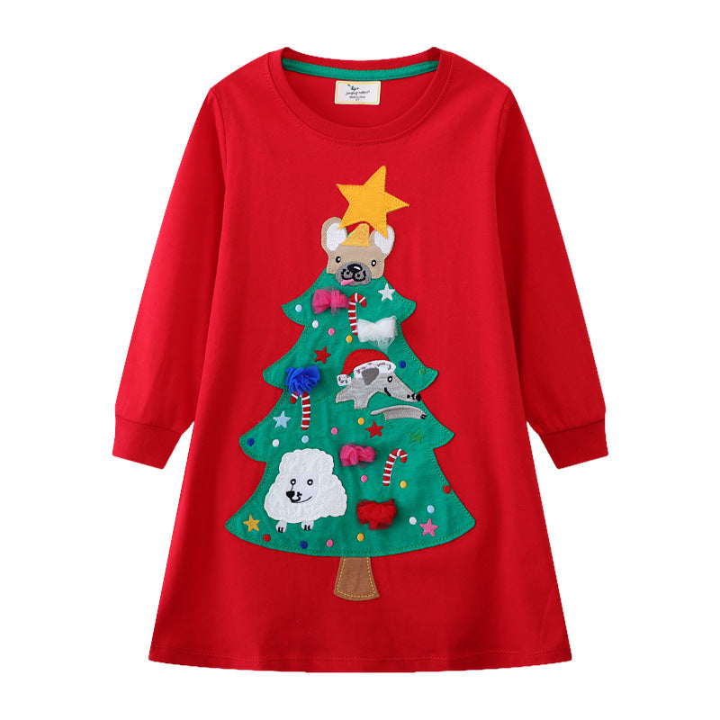 Mädchen Langarmkleid mit festlichem Weihnachtsbaum-Motiv EB