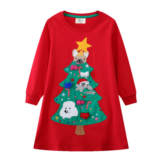 Mädchen Langarmkleid mit festlichem Weihnachtsbaum-Motiv EB