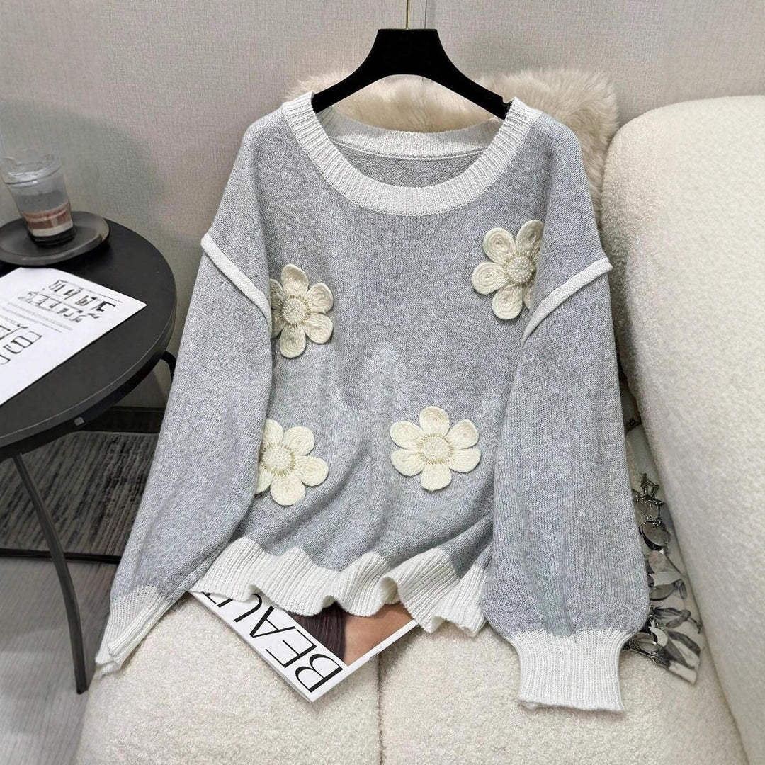 Damen Strickpullover mit floralen Applikationen EB