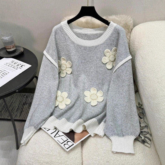 Damen Strickpullover mit floralen Applikationen EB