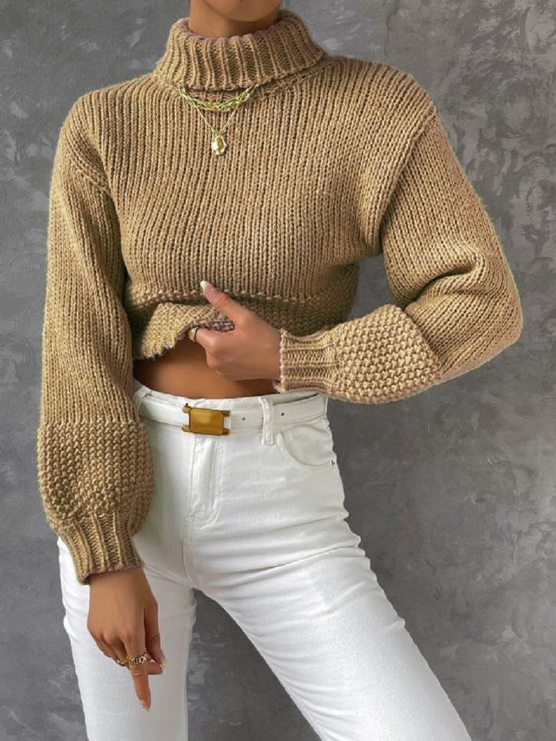 Damen trendiger Pullover mit hoch geschlossenem Kragen und voluminösen Ärmeln EB