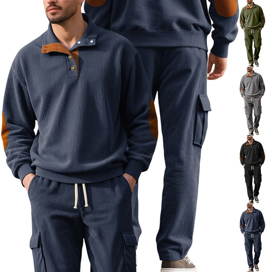 Herren nan strukturierter Troyer-Pullover mit Stehkragen Druckknopfleiste und Velours-Ellenbogenpatch EB