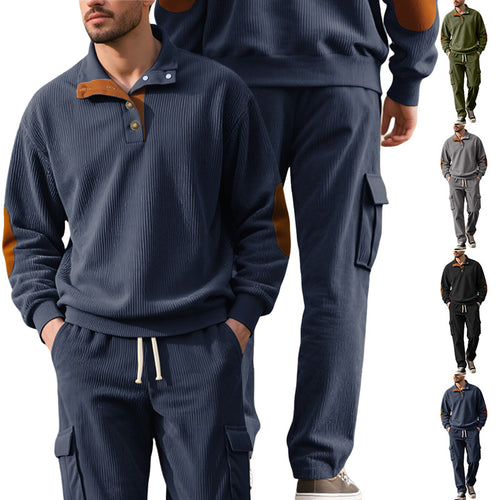Herren nan strukturierter Troyer-Pullover mit Stehkragen Druckknopfleiste und Velours-Ellenbogenpatch EB