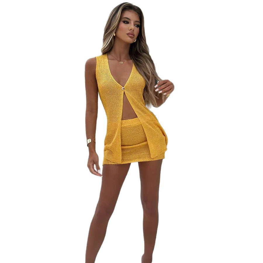 Damen Glitzerndes Strick-Kleid mit durchgehendem Knopfverschluss EB
