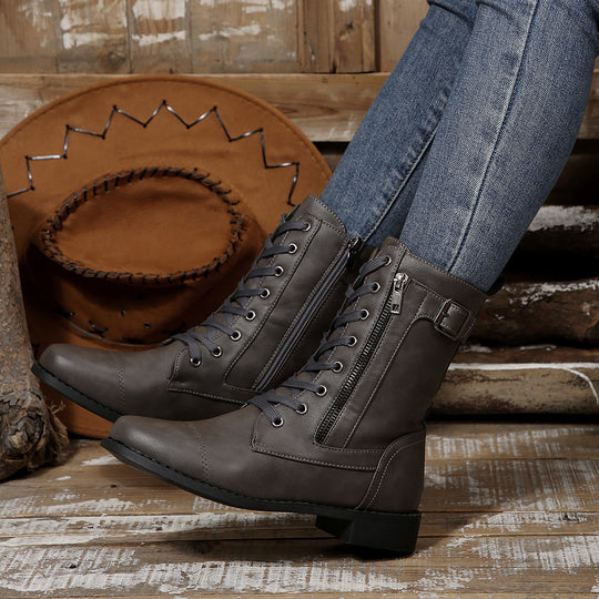 Damen nan robuste Schnür-Bikerstiefelette mit seitlichem Reißverschluss und Ziergurt EB