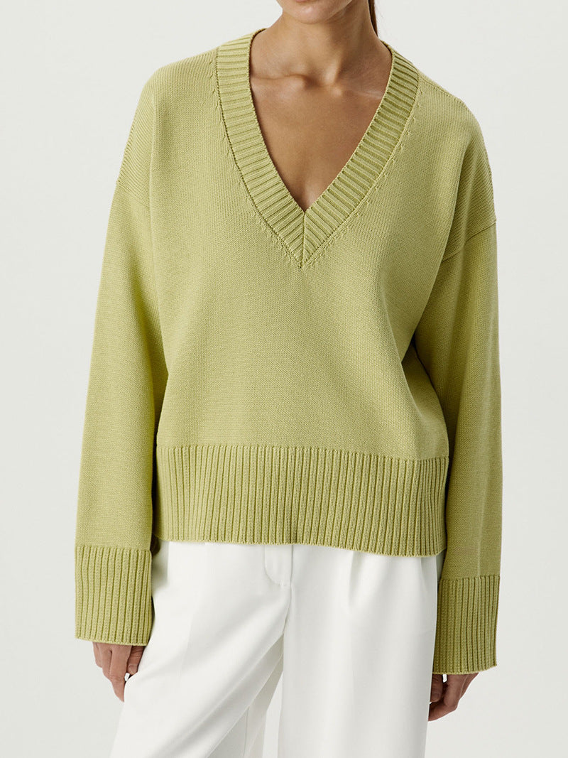 Damen Strickpullover mit tiefem V-Ausschnitt und lässigem Schnitt EB