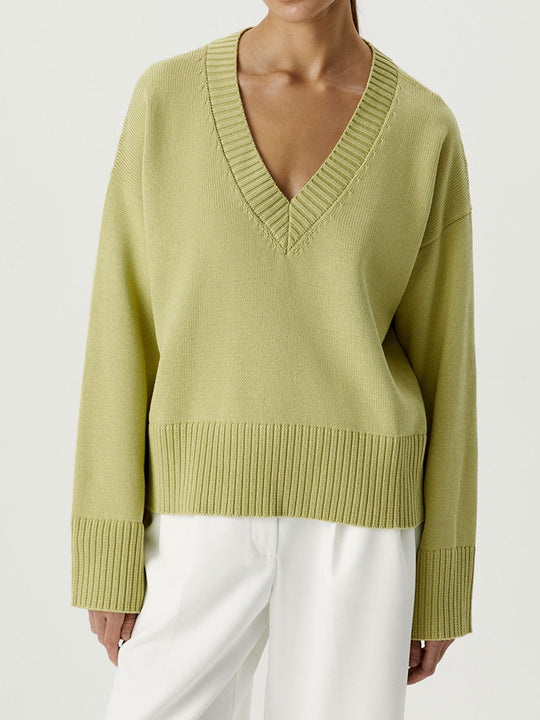 Damen Strickpullover mit tiefem V-Ausschnitt und lässigem Schnitt EB