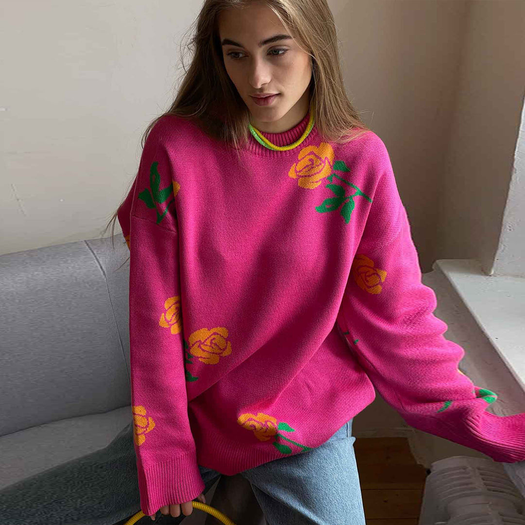 Damen weicher Strickpullover mit floralem Design EB