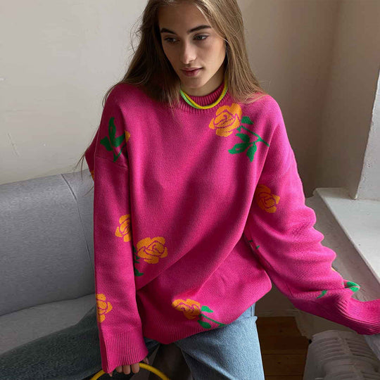 Damen weicher Strickpullover mit floralem Design EB