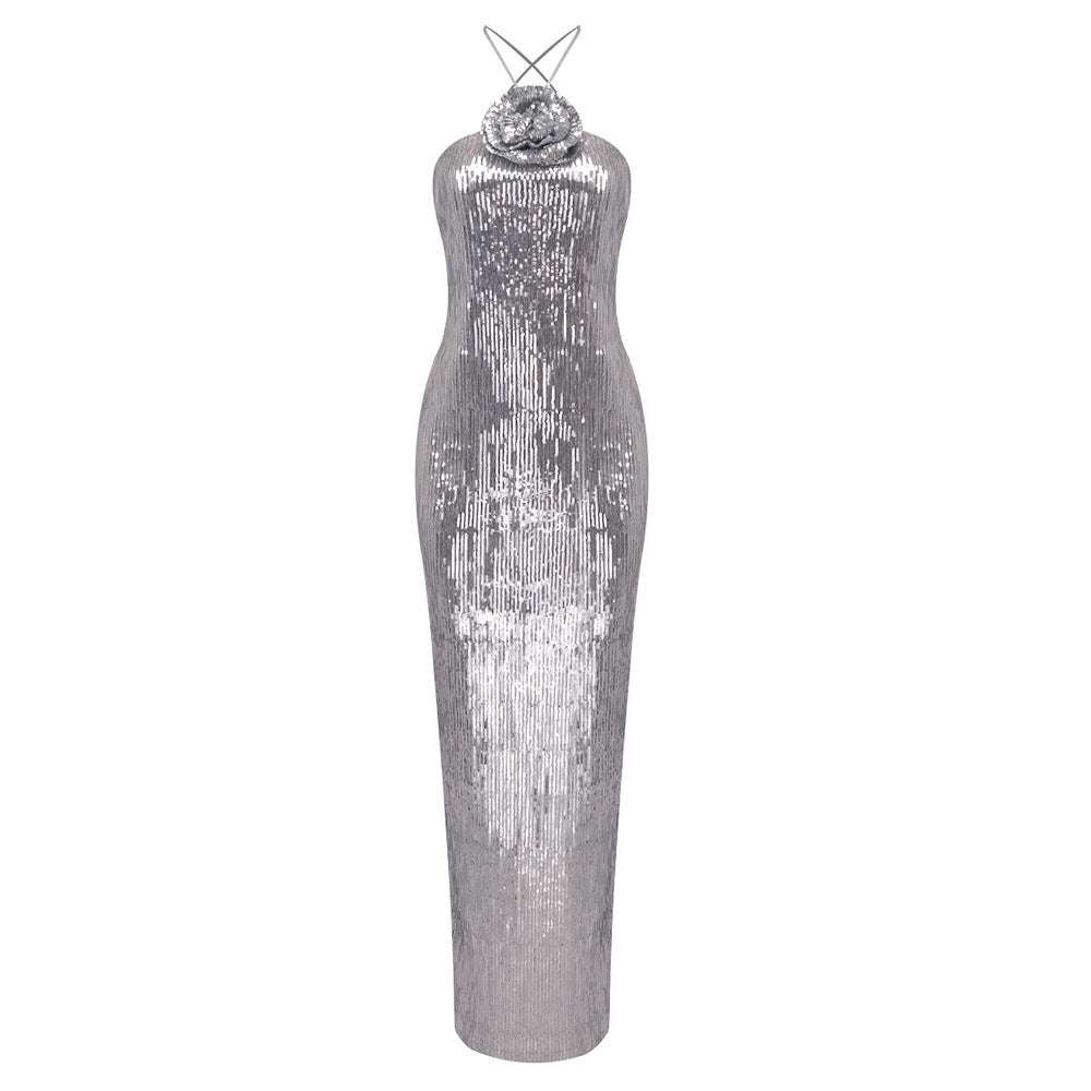 Damen glamouröses Pailletten-Maxikleid mit elegantem Stehkragen EB