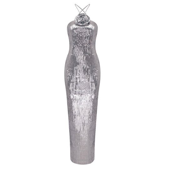 Damen glamouröses Pailletten-Maxikleid mit elegantem Stehkragen EB