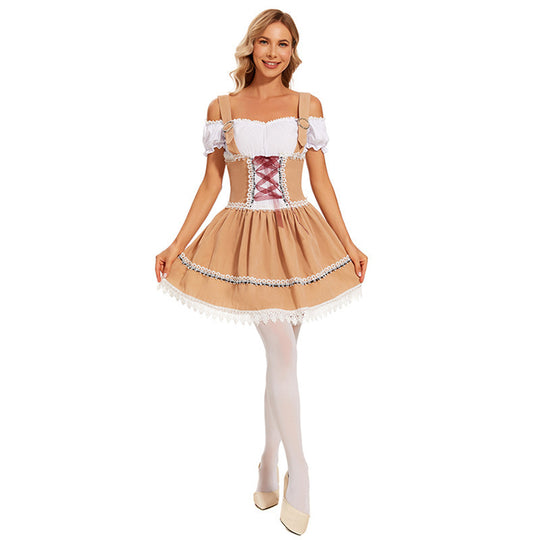Damen nan bayerisch inspiriertes Minikleid mit geschnürter Korsage, Carmenbluse und Filzhut EB