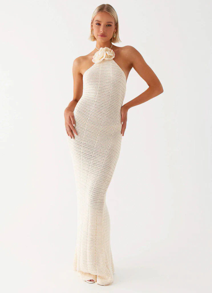 Damen Häkel-Maxikleid mit hohem Schlitzausschnitt EB