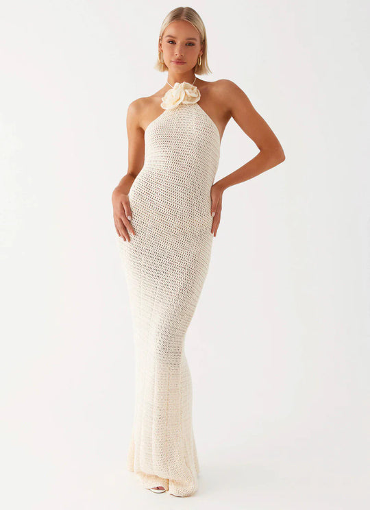 Damen Häkel-Maxikleid mit hohem Schlitzausschnitt EB