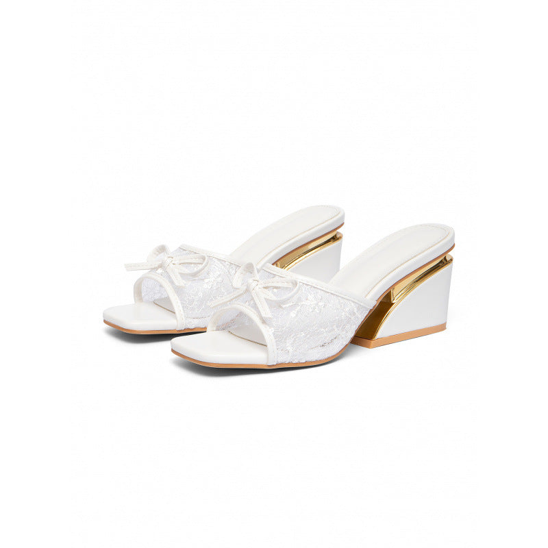 Damen elegantes Mules mit zierlichem Schleifendetail und glamourösem Keilabsatz EB