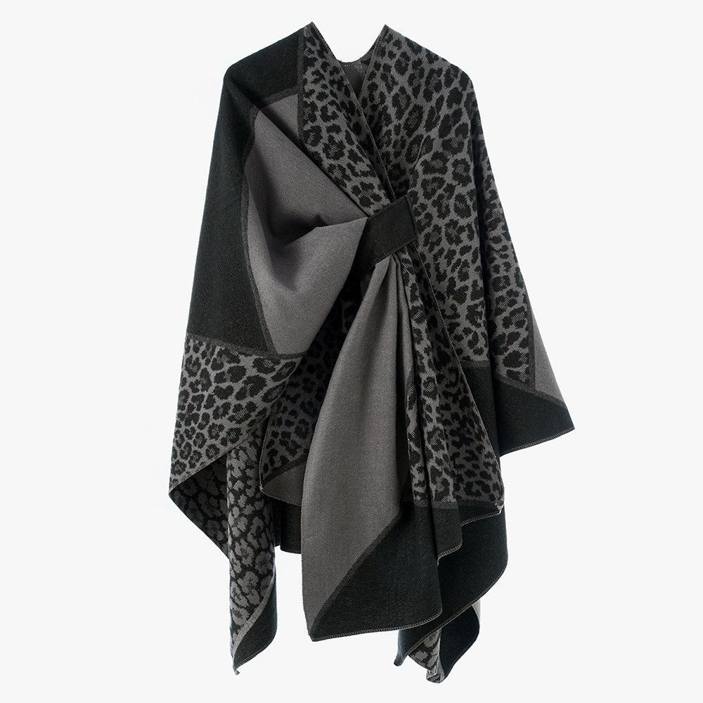 Damen Jacquard-Poncho mit Leopardenmuster und Wollmix-Überwurf EB