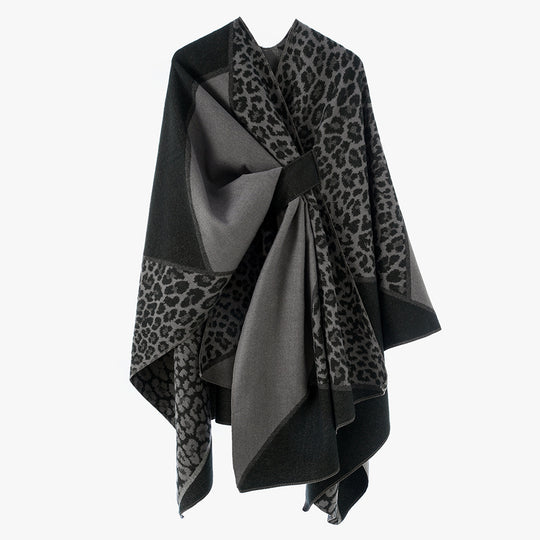 Damen Jacquard-Poncho mit Leopardenmuster und Wollmix-Überwurf EB