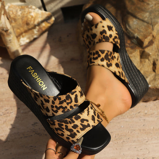 Damen Plateau-Sandalen mit modischem Leopardenmuster und rutschfester Sohle EB