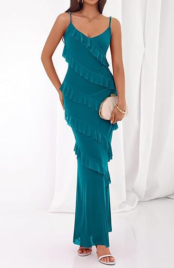 Damen Maxikleid mit Rüschen und Spaghettiträgern EB