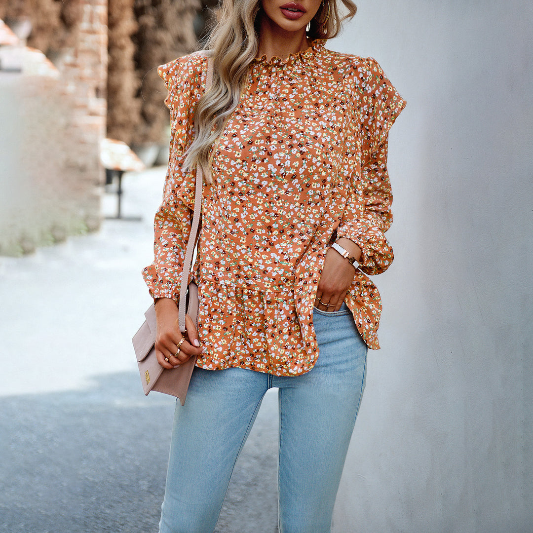 Damen nan geblümte Chiffon-Bluse mit gerafftem Stehkragen, Volant-Schultern und tailliertem Stufen-Saum EB