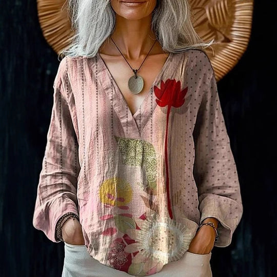 Damen Boho-Leinenmischung Tunika-Bluse mit V-Ausschnitt und floraler Aquarellstickerei EB