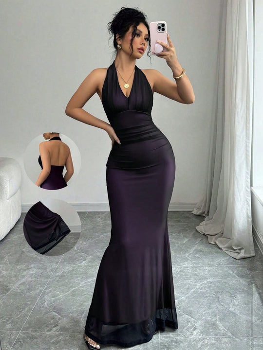 Damen Elegantes Maxikleid mit tiefem V-Ausschnitt und taillierendem Schnitt EB