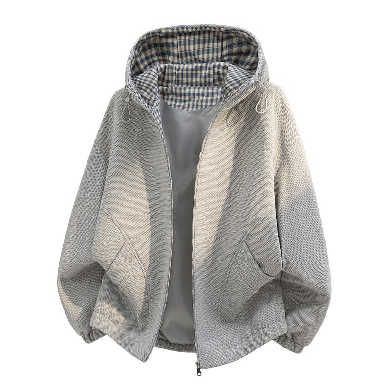 Damen oversized Fleecejacke mit Kapuze und karierter Innenfütterung EB