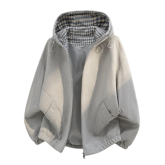 Damen oversized Fleecejacke mit Kapuze und karierter Innenfütterung EB
