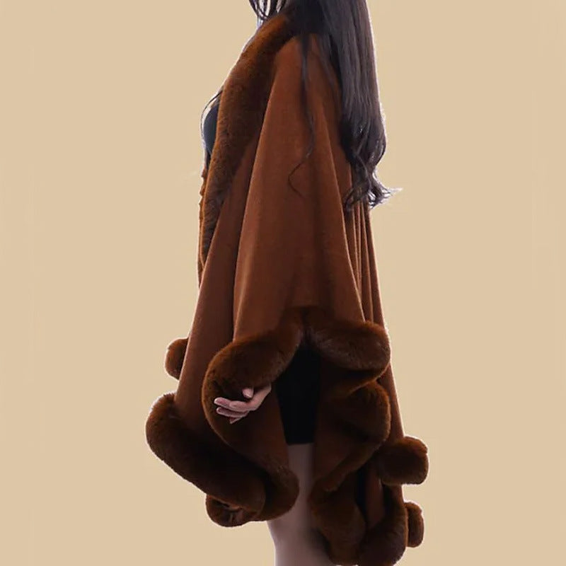 Damen Kunstfell-Cape mit voluminösem Kapuzenkragen und eleganter Felloptik EB