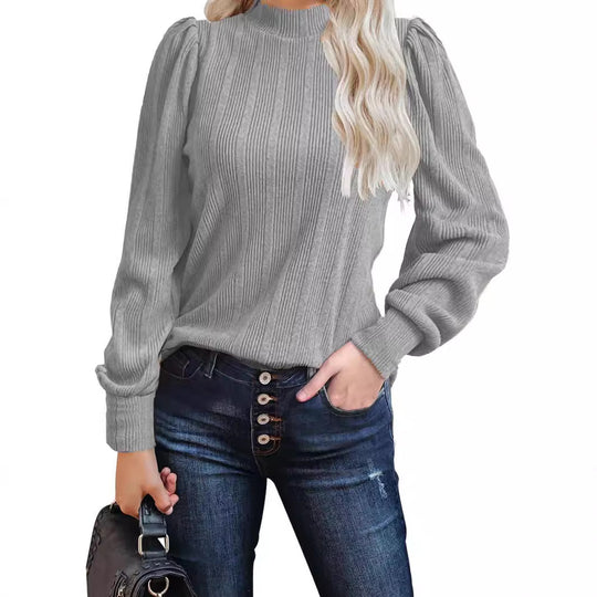 Damen trendiger Pullover mit schmalem Stehkragen und Puffärmeln EB