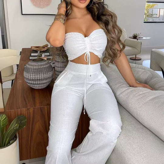 Damen lässiges Set aus Crop-Top und weiten Hosen EB