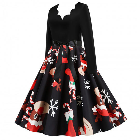 Damen Vintage-Festkleid im 50er-Jahre Stil mit gewelltem Halsausschnitt, figurbetontem Oberteil und voluminösem Tellerrock EB