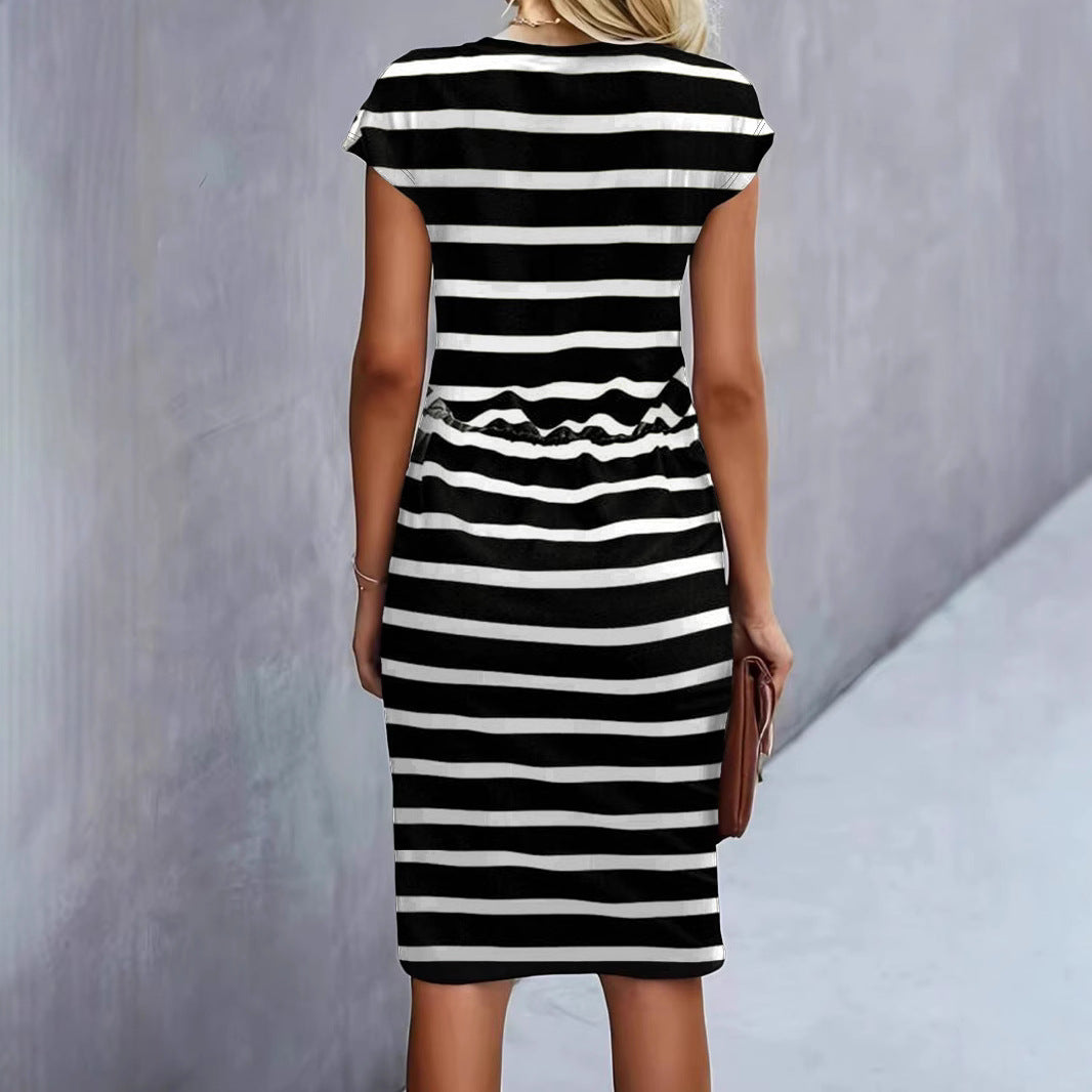 Damen Freizeitleinenkleid mit bunten Streifen und verstellbarem Taillenzug EB
