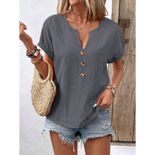 Damen lässige Bluse mit Knopfleiste und rundem Ausschnitt EB