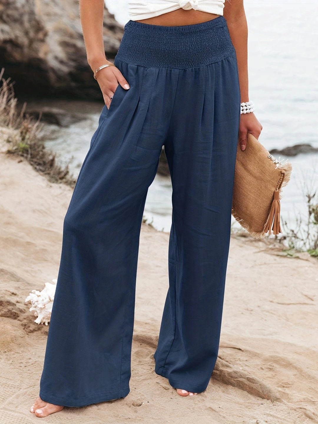 Damen Weite Leinenhose mit elastischem Bund und Falten EB
